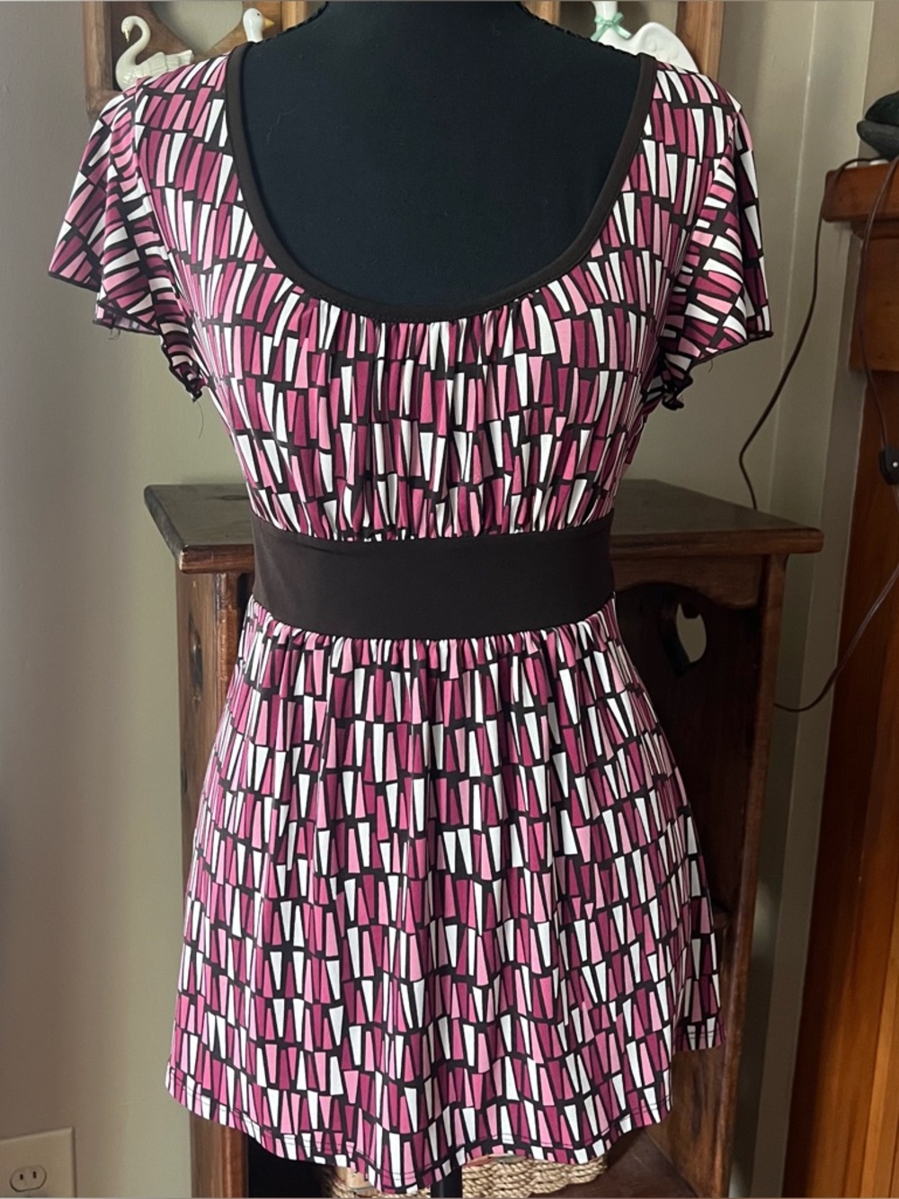 AB Studio y2k babydoll Pink Black Geometric Short Sleeve Blouse